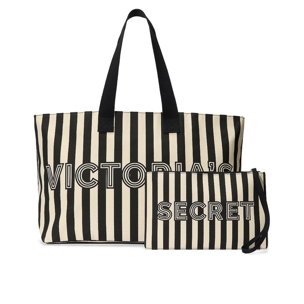 Victoria's Secret Black and Cream Striped Tote with Logo